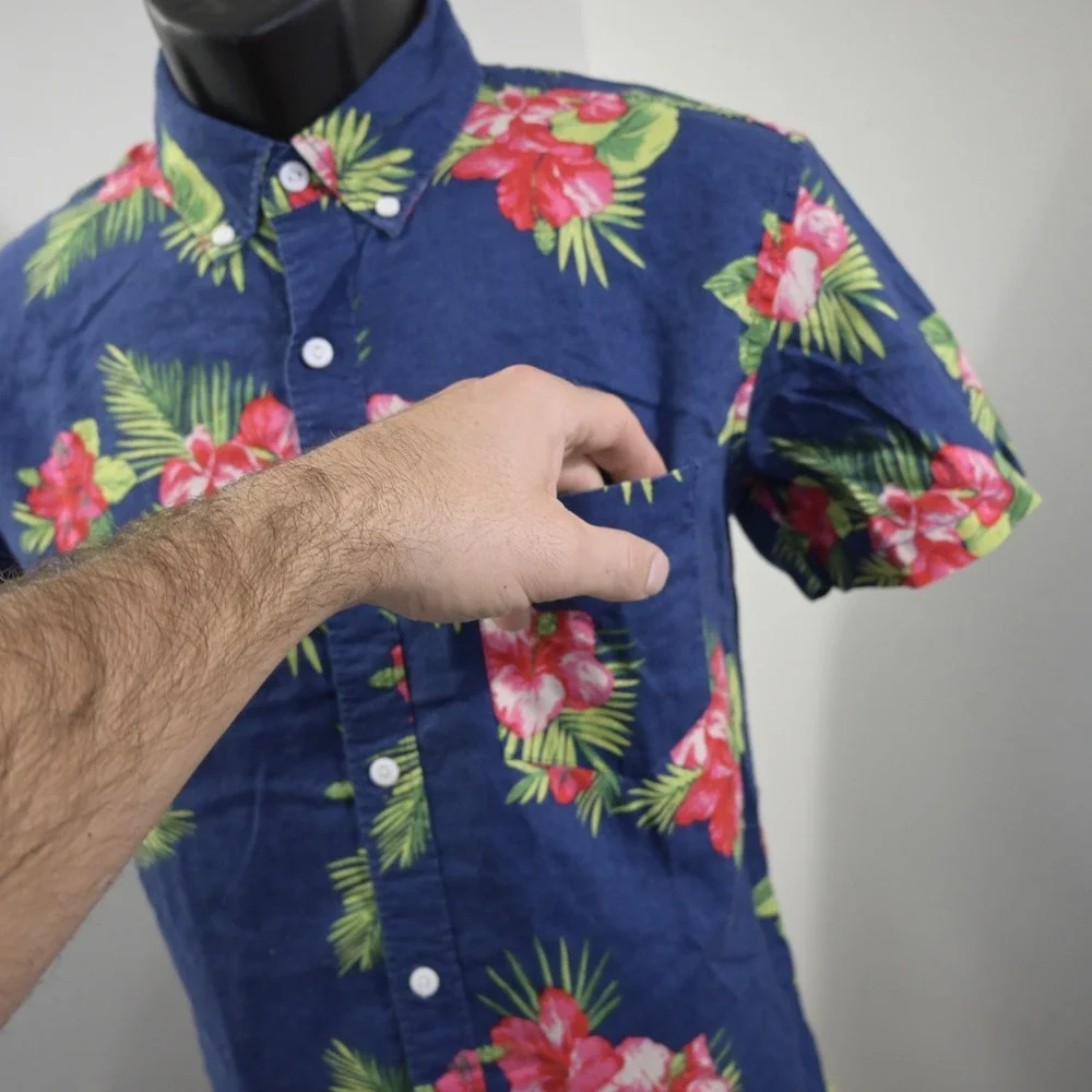 J.Crew Button Up Short Sleeve Shirt Mens M Slim Blue Floral Cotton Linen E8666